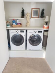 Laundry room with a front-loading washer and dryer, detergent bottles on a shelf above, and decorative items including a seahorse figure, a framed picture, plants, and a lamp.